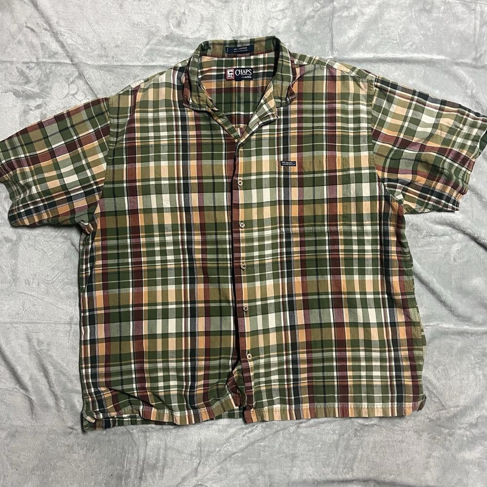 Chaps Ralph Lauren Plaid Shirt 2XL Green Red Short Sleeve Button Front Cotton